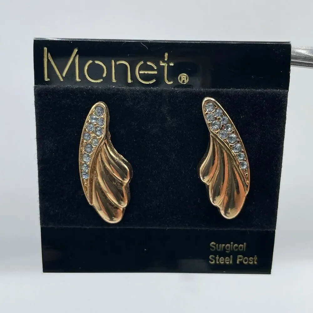 Vintage Monet Gold Tone Blue Rhinestone Angel Wings Stud Post Setting Earrings